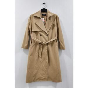 CIDER Women’s Beige Long Trench Coat M – Elegant Double Breasted Belted Jacket